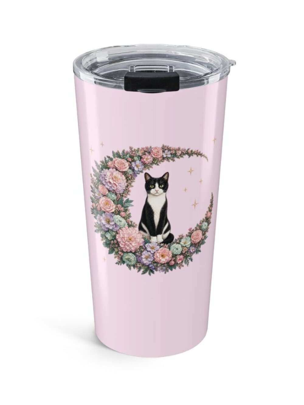 20oz Floral Moon & Tuxedo Cat Stainless Steel Tumbler | Pink | Cat Lover Gift